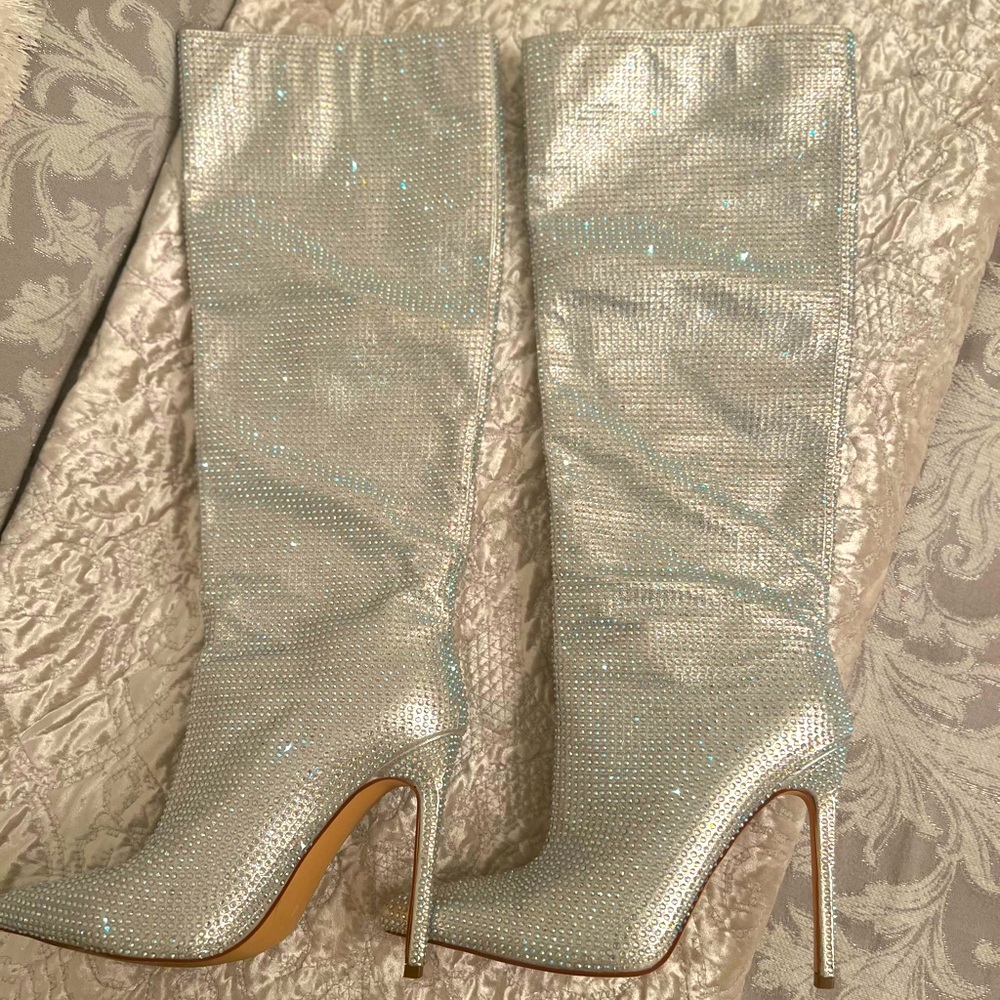 Silver Sparkle / Sparkly Rhinestone Knee High Stiletto Boots